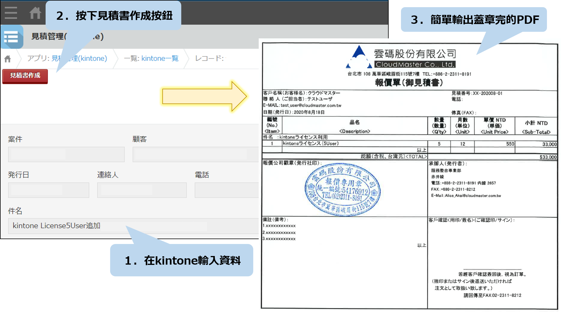 １．在kintone輸入資料 ２．按下見積書作成按鈕 ３．簡單輸出蓋章完的PDF